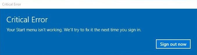 Windows 10 Start Menu Critical Error