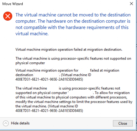The Virtual machine cannot be moved to the destination computer