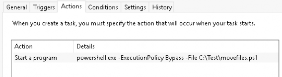 Shows Powershell and Arguments in task Schedule library