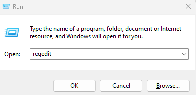 Run command showing regedit in the open dialog